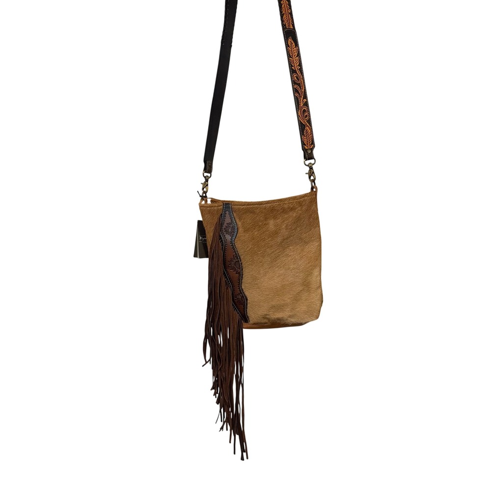 Myra Bag Hair on Hide Tooled Leather Fringe Crossbody Shoulder Bag Brown Chaps